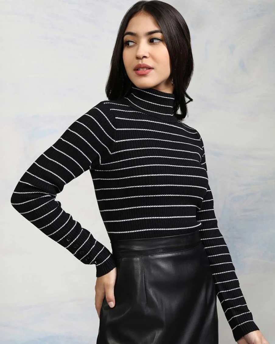 Image 3 of - blackwomenstripedturtlenecksweater2jpg
