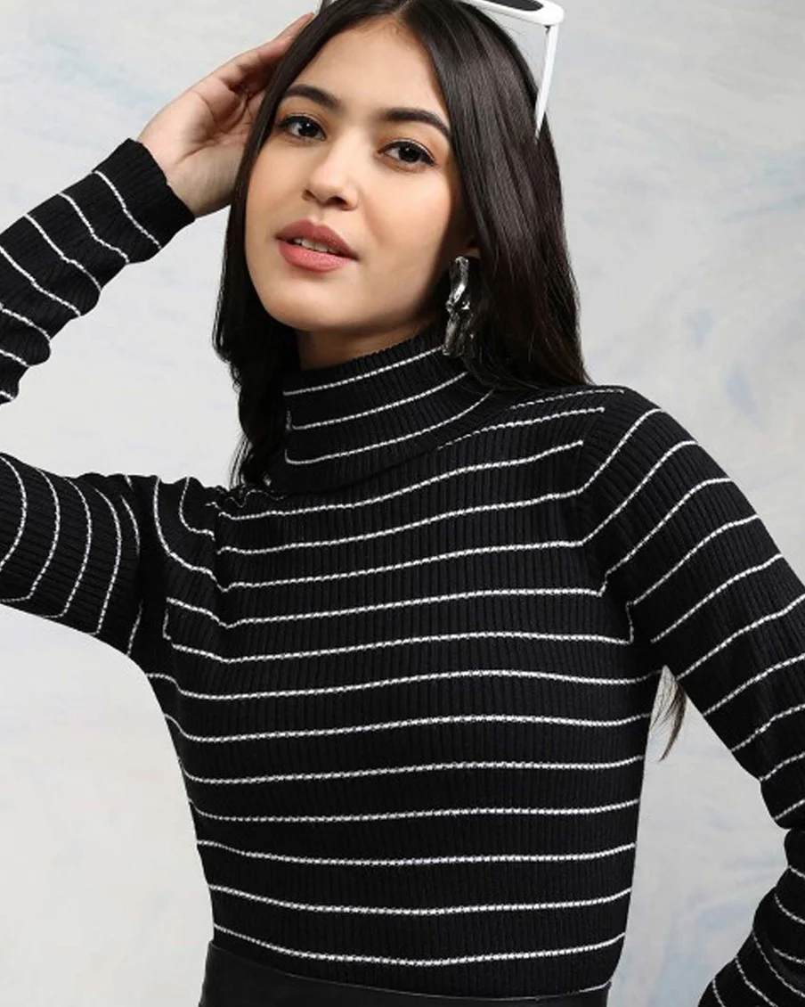 Image 1 of - blackwomenstripedturtlenecksweater4jpg
