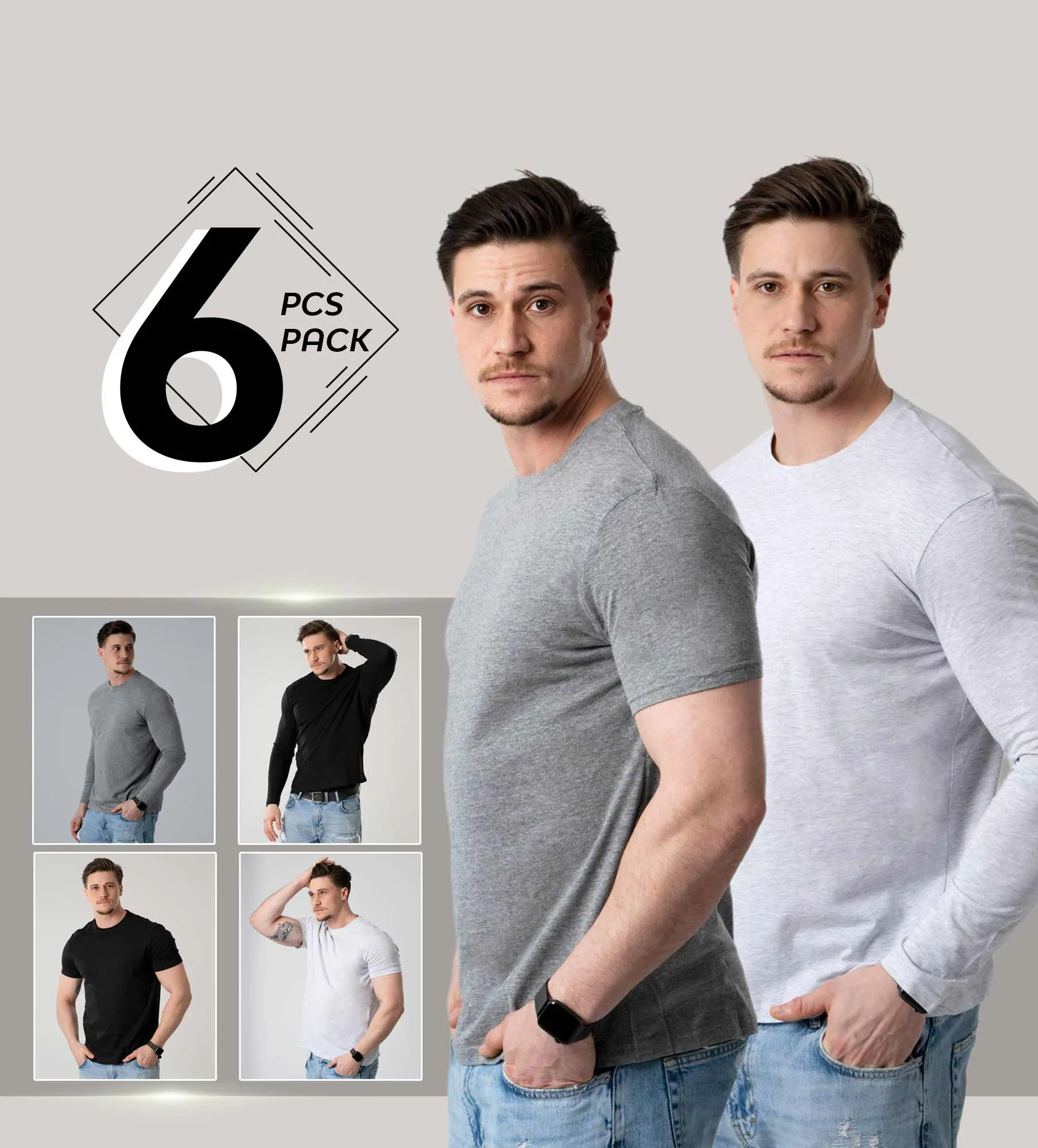 Pánsky 6-dielny set tričiek s dlhým a krátkym rukávom